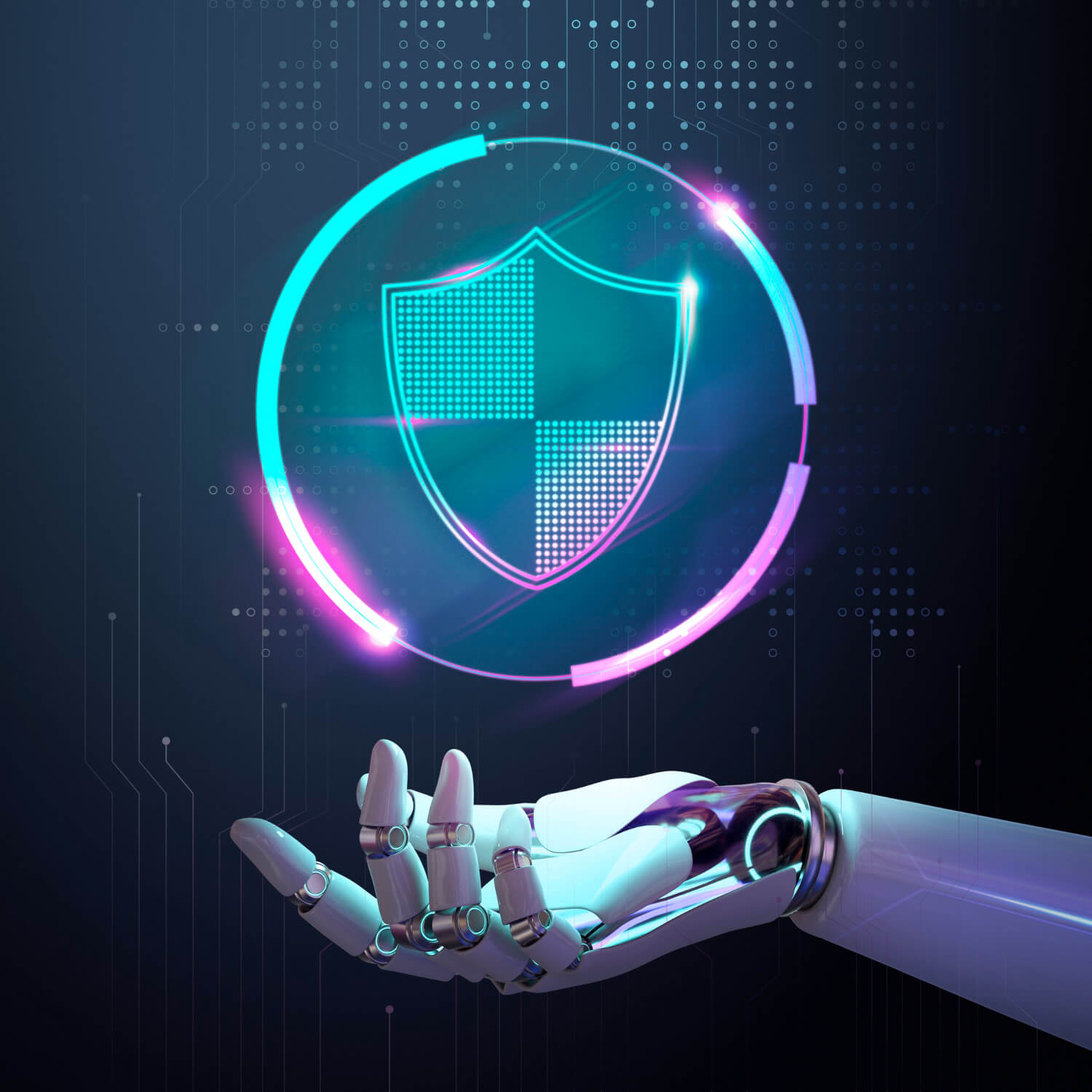 Robotic hand with digital shield graphic