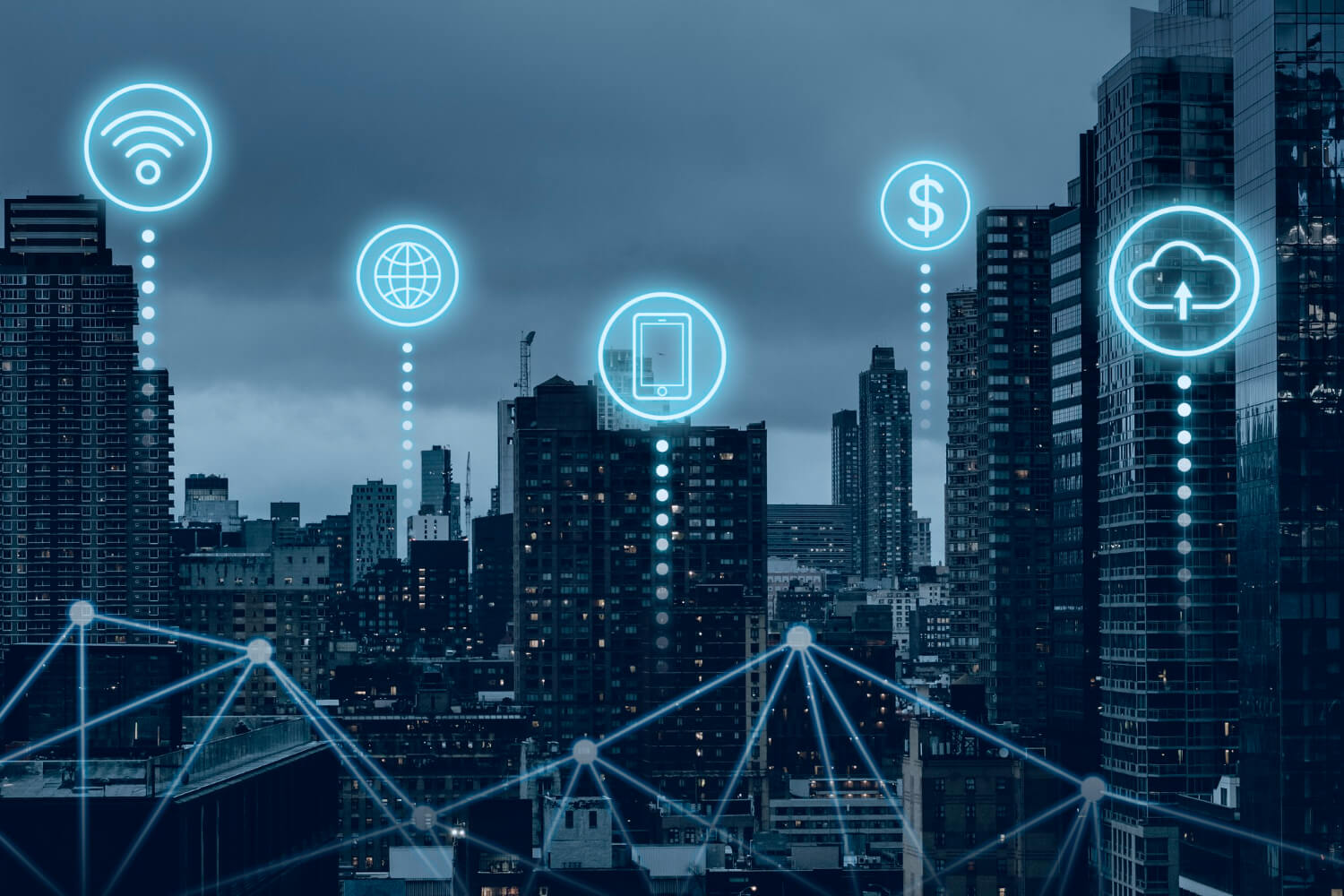 Smart city with digital connectivity icons over skyline.